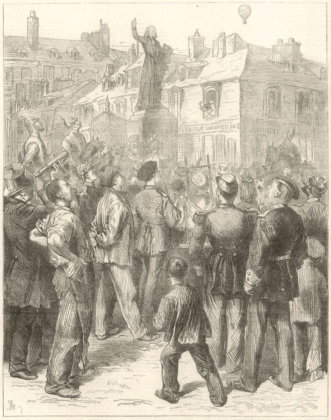 Franco-Prussian War: A balloon from Paris passing over Versailles 1870 print